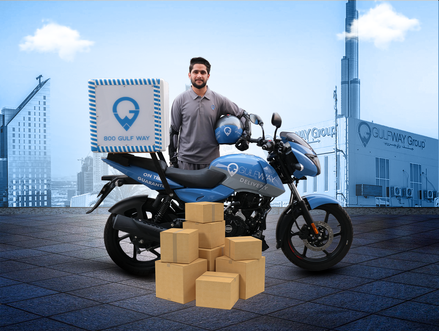 Delivery Boy with Bike Gulf Way delivery solutions Dubai UAE.